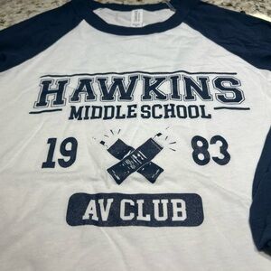 Bella Canvas “HAWKINS AV CLUB” Navy and White raglan baseball tee